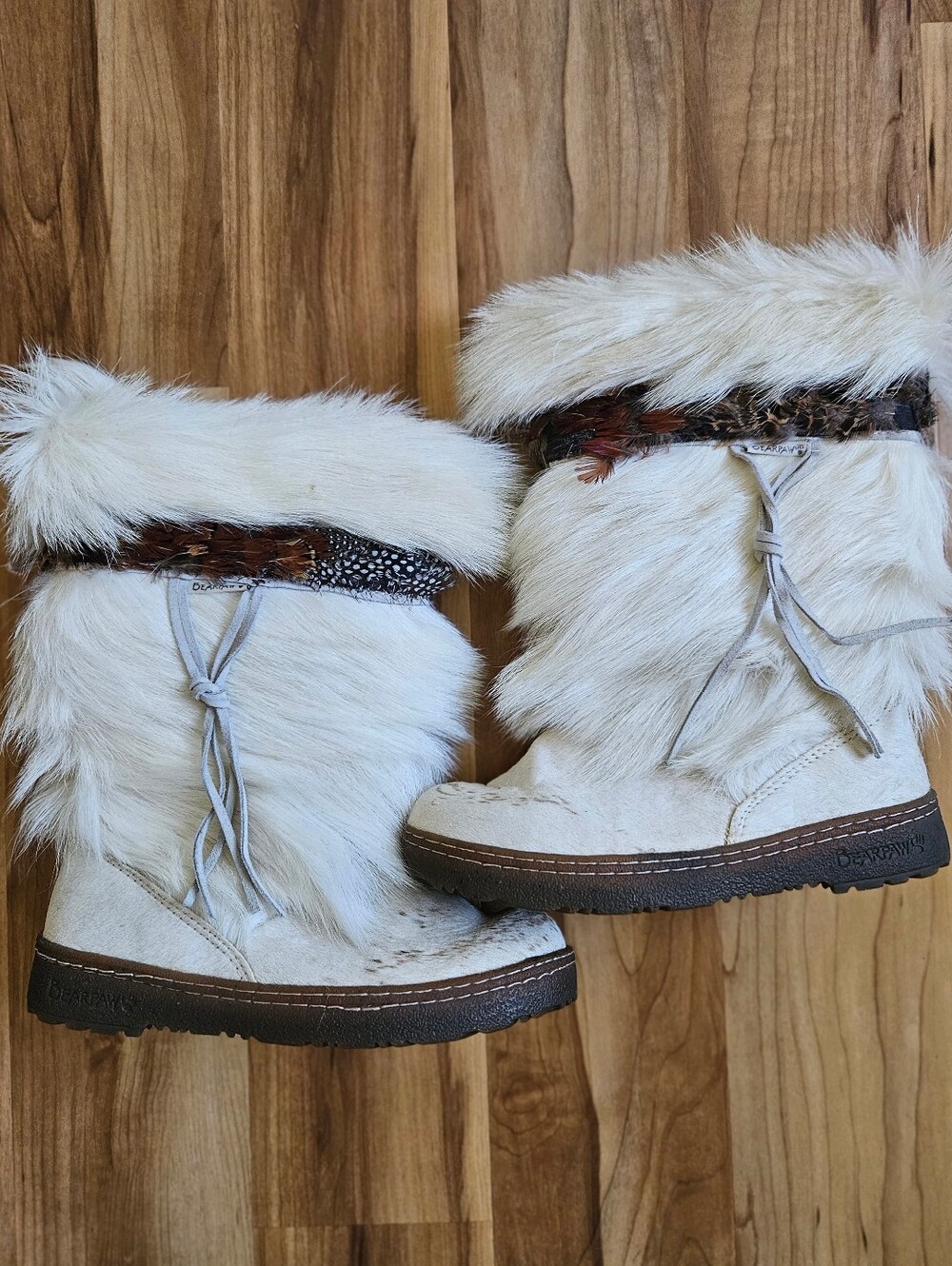 Bearpaw Kola II White Goat Fur Sheepskin Boots Leather Feather Trim Winter Boots